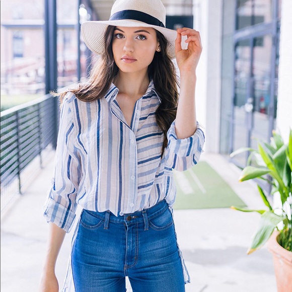LAST ONE! Striped Buttondown Blouse - Blue - Picture 2 of 7